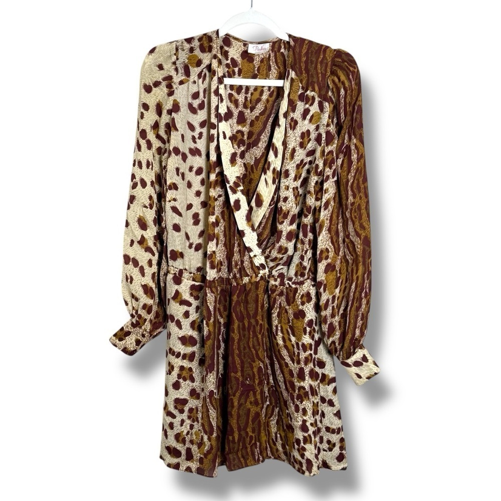 Parker Silk Leopard Print Long Sleeve Mini Dress Size Large - Picture 1 of 7